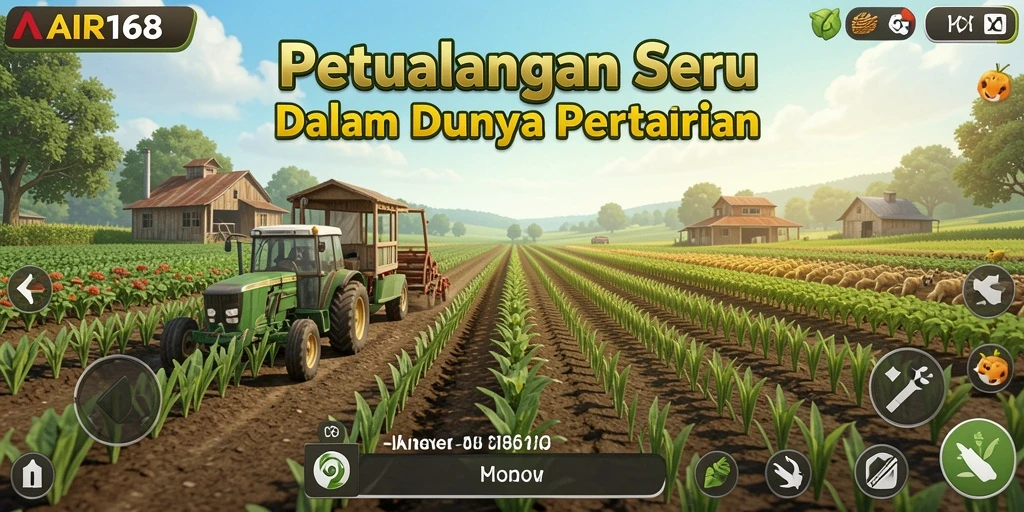 Screenshot gameplay AIR168 menunjukkan kebun luas dengan berbagai tanaman.