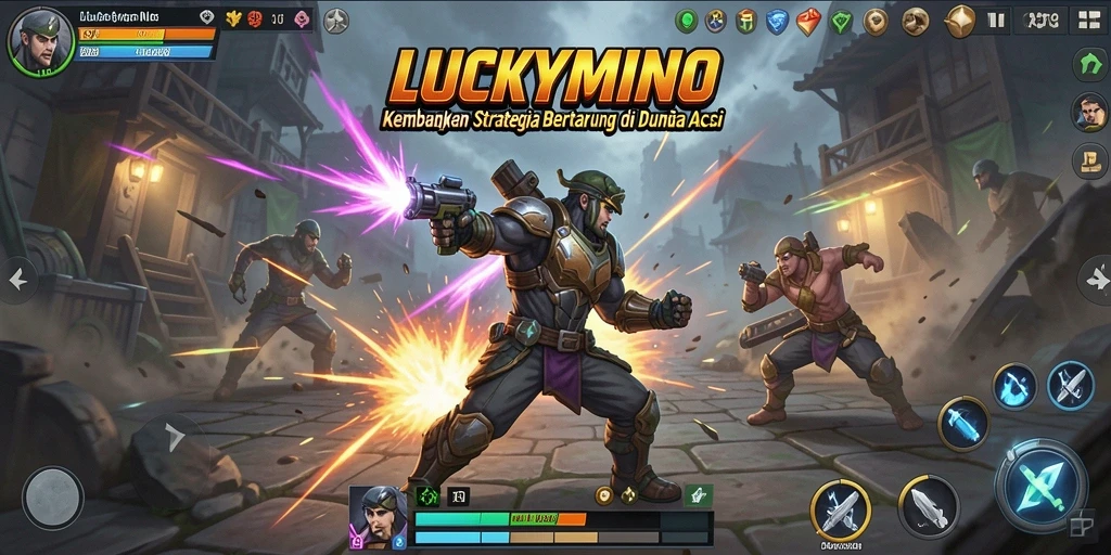 Gameplay Aksi mendebarkan di LUCKYMINO dengan berbagai karakter bertarung.